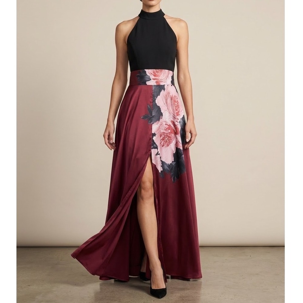 FEHAUTE Floral Satin Halter Maxi Dress High Neck High Slit Gown Size 4